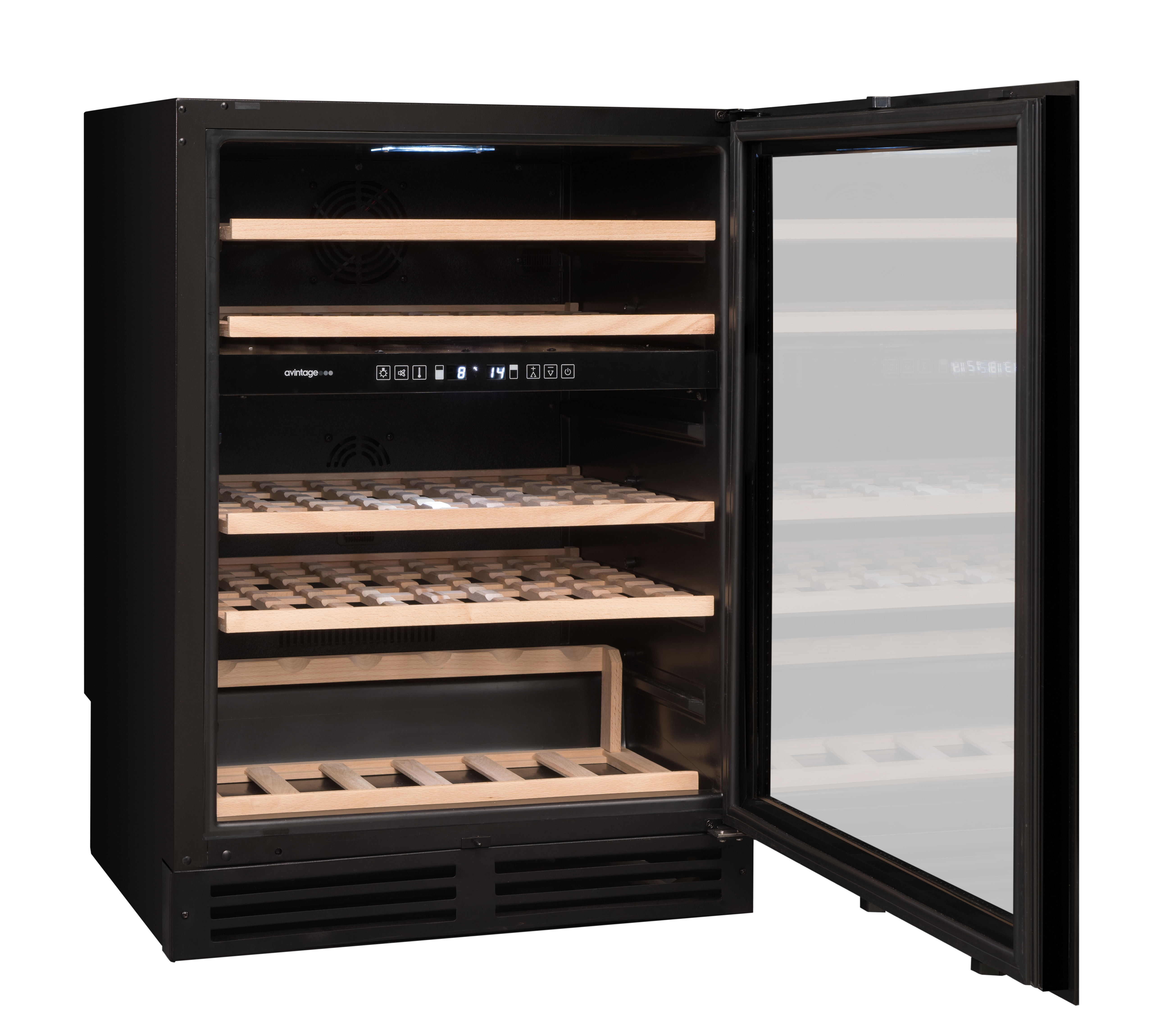 Пустой двухзонный винный шкаф, Climadiff модель AVU53 PREMIUM с открытой дверью