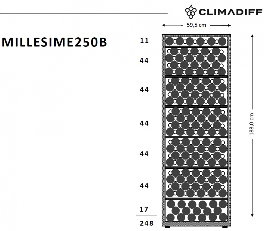 Монотемпературный винный шкаф, Climadiff модель MILLESIME250B