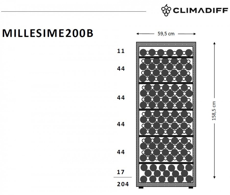 Монотемпературный винный шкаф, Climadiff модель MILLESIME200B